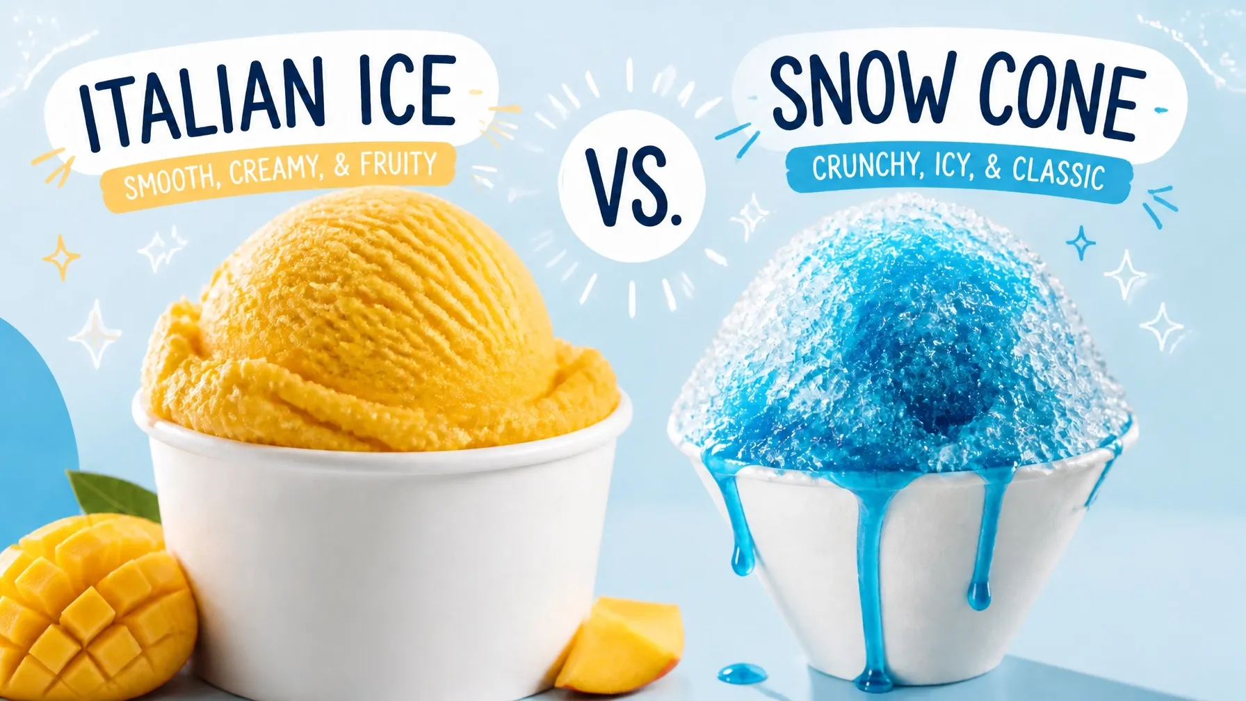 A vibrant comparison of smooth Mango Italian ice versus a crunchy blue snow cone